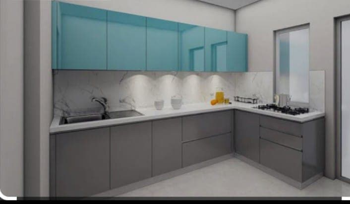 Aqua blue and grey modular kitchen with marble backsplash designed in Bikaner